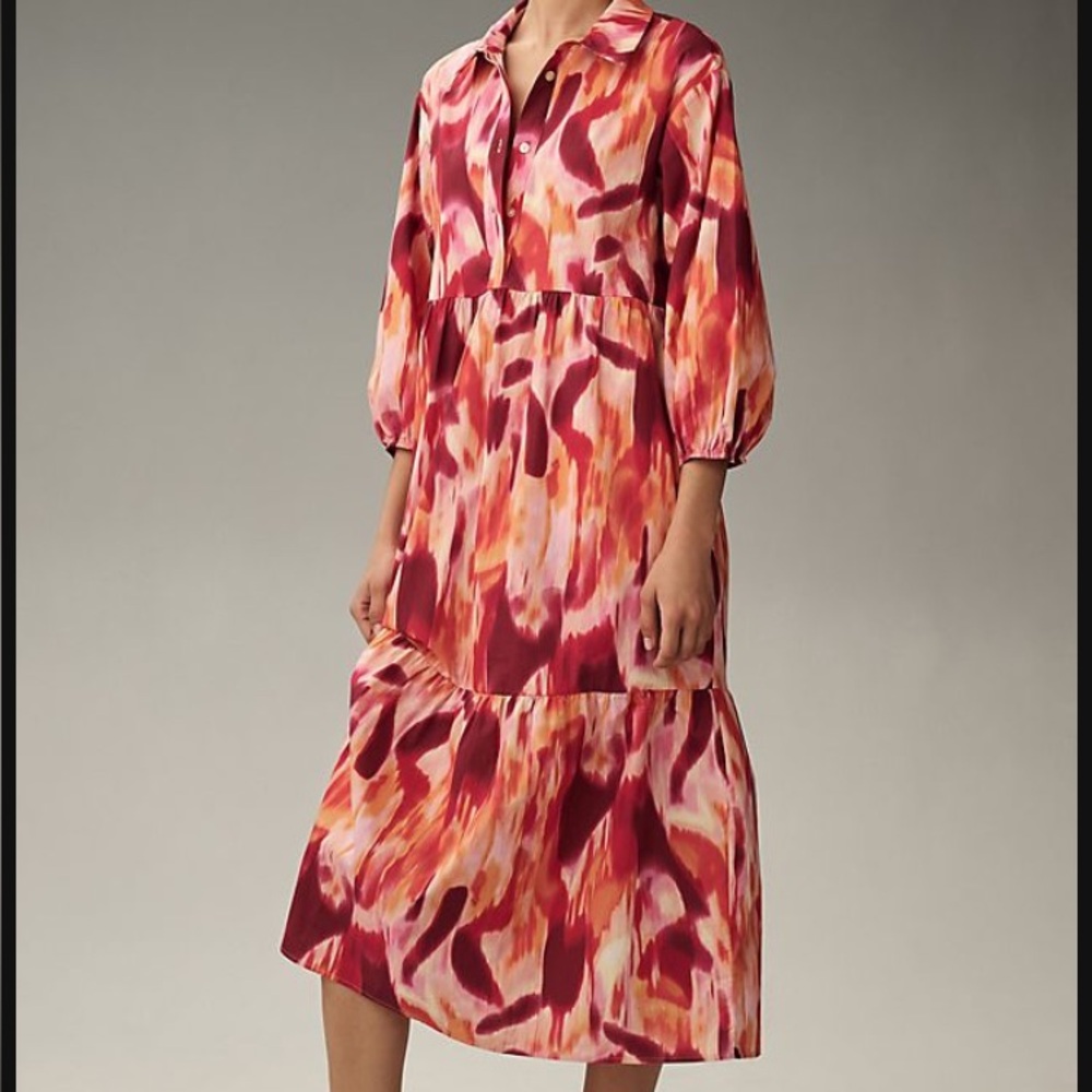Maeve Abstract Watercolor Midi Dress in Red and Pink